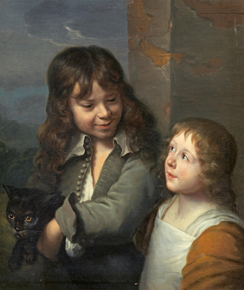 Two Children with a Black Cat