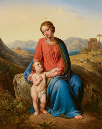 Madonna mit Kind vor weiter Landschaft