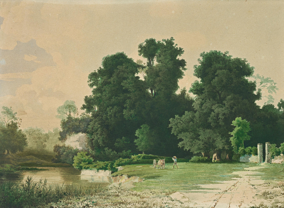 Farmer with Oxcart on a Tree-lined Shore