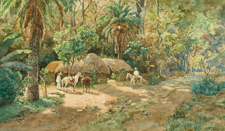 Riders in Front of Huts in the Mexican Forest