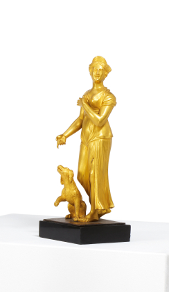 BRONZE LADY IN ANTIQUISED GARMENTS WITH DOG AS ALLEGORY OF LOYALTY