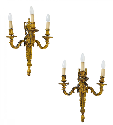 PAIR OF LARGE BRONZE WALL APPLICATIONS WITH LOUIS XVI LION MASCARONS