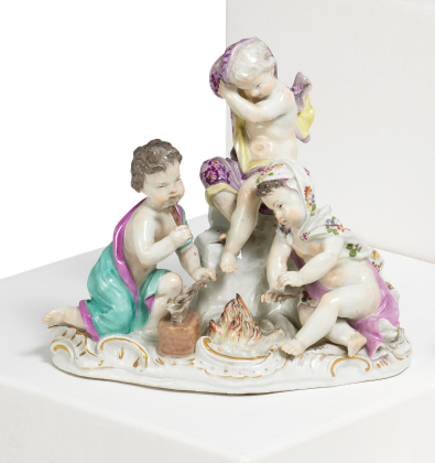 PORCELAIN ENSEMBLE OF CUPID FIGURINES AS ALLEGORY FOR THE WINTER