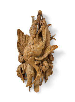 EXCEPTIONAL WOODEN WALL DECORATION WITH HUNTING TROPHIES