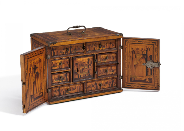 WOODEN CABINET CHEST WITH CITY SILHOUETTE