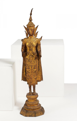 STANDING BRONZE BUDDAH IN ABHAYA MUDRA ON STEPPED BASE