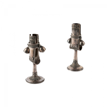 PAIR OF SMALL SILVER CANDLESTICKS WITH TWO BELLS