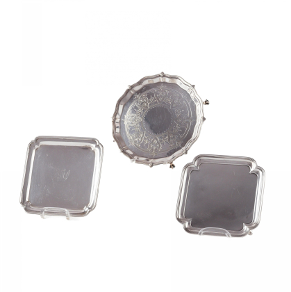 TWO SQUARE SILVER SALVERS WITH RECEEDING CORNERS