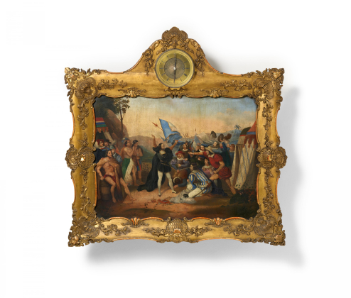 OIL-PAINTING PICTURE CLOCK WITH THE CONQUEST OF MEXICO BY HERNAN CORTES