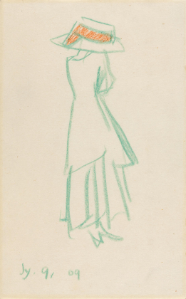 Ohne Titel (Figure Study: Lady Standing With Hat, Back Profile)