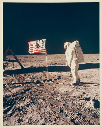 Apollo XI. Buzz Aldrin standing next to the Flag, July 20, 1969