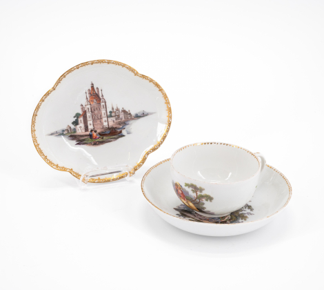 SCALLOPED BOWL WITH VIEW OF THE CASTLE &amp; CUP WITH SAUCER AND GALANT SCENES