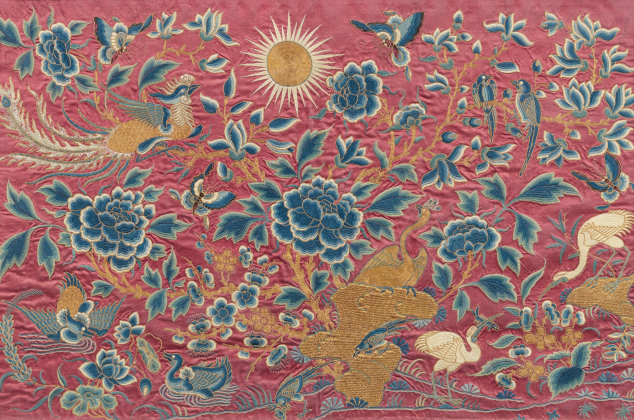 SILK EMBROIDERY WITH STYLISED PAINTING OF AN IDYLLIC SUNSET