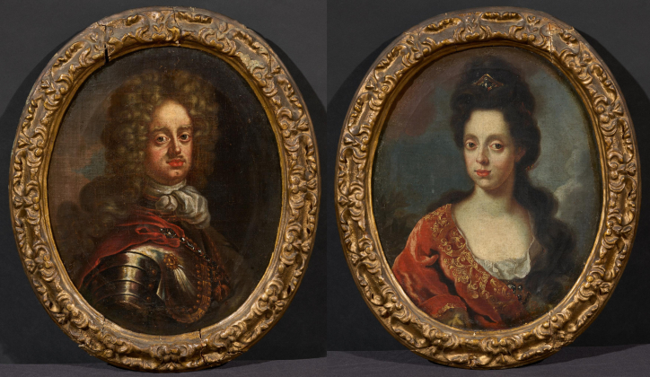 Zwei Gemälde: Porträt Johann Wilhelm von der Pfalz im Harnisch / Porträt Anna Maria Luisa de Medici mit Diadem im Haar