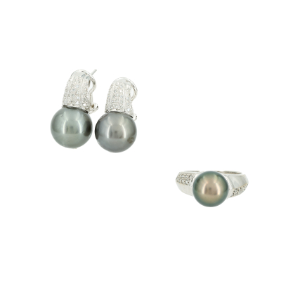 TAHITI-PEARL-DIAMOND-SET: RING AND EAR STUD CLIPS