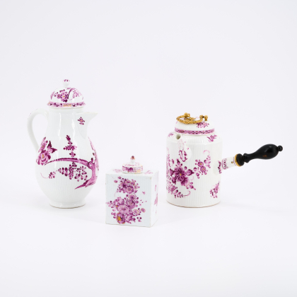 PORCELAIN COFFEE POT, CHOCOLATE POT, AND TEA CADDY WITH PURPLE DECORATION