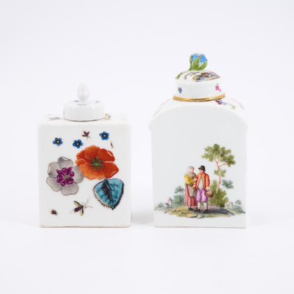 PORCELAIN TEA CADDY WITH COUPLES IN LANDSCAPE AND TEA CADDY WITH WOODCUT FLOWERS &amp; INSECTS