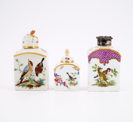 THREE PORCELAIN TEA CADDIES WITH BIRD DECOR
