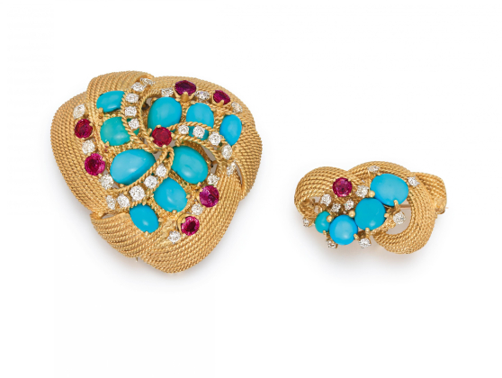Two Vintage Gemstone-Diamond-Brooches
