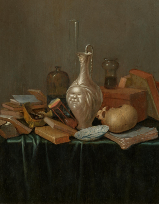 Vanitas-Stillleben mit Büchern, Karaffe und Schädel