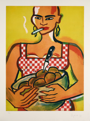 Frau mit Zigarette und Kartoffeln
