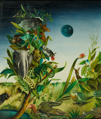 Surrealistische Landschaft mit Tieren