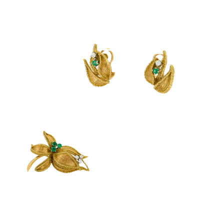 Retro Smaragd-Diamant-Set: Brosche und Ohrsteckclips
