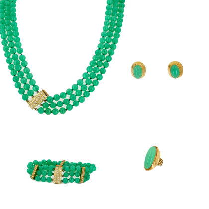 Chrysopras-Diamant-Set: Collier, Armband, Ring, Ohrstecker