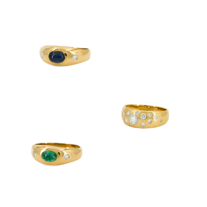 Konvolut: 2 Farbstein-Bandringe und 1 Diamant-Ring