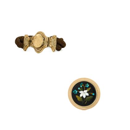 Konvolut aus Pietra Dura-Brosche und Haar-Gold-Armband