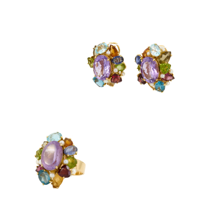 Perl-Farbstein-Set: Ohrclips und Ring
