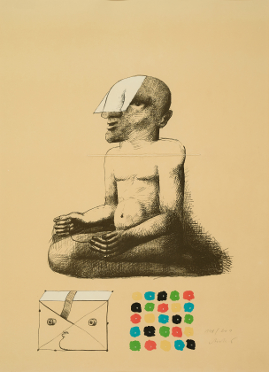 Sitzende Figur mit mag. Farbquadrat