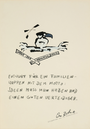 "Entwurf für ein Familienwappen mit dem Motto: Ideen muss man haben und einen guten Verteidiger"