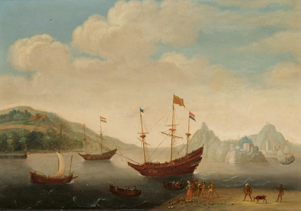 Holländische Handelsschiffe an einem Hafen in Übersee