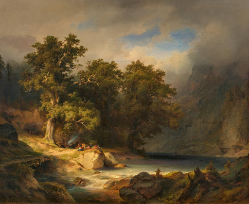 Evening Mood at the Mountain Stream with Campfire and Mighty Oak Trees