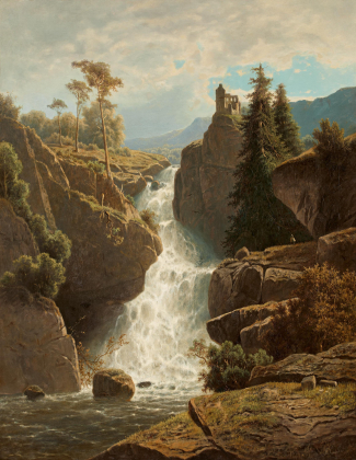 Mountain Landscape with Ruins Above a Waterfall