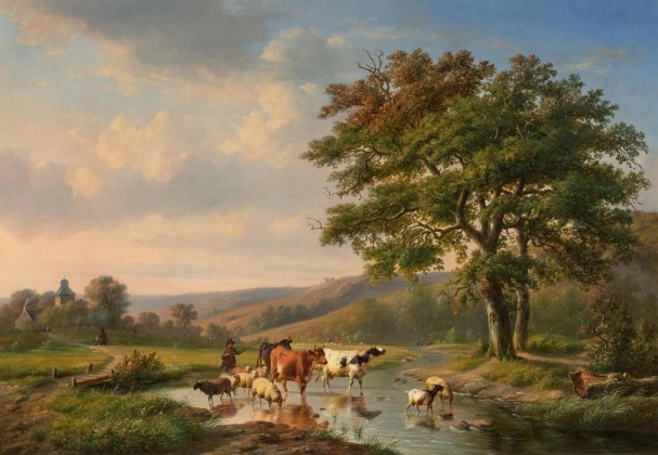 Weite Tallandschaft mit Hirten und seinem Vieh