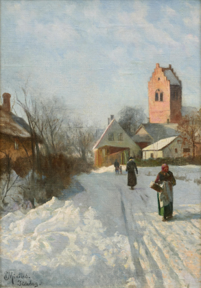 Weihnachtstag in einem verschneiten Dorf in Dänemark
