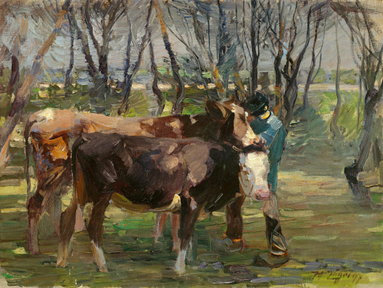 "Kuh und junges Rind mit Hüter"