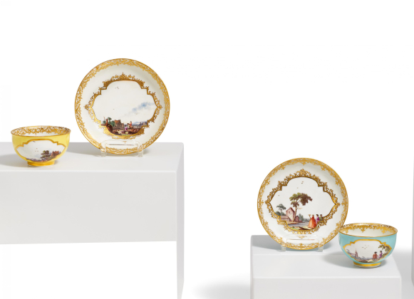 Zwei Koppchen und Unterschalen mit Kauffahrteiszenen