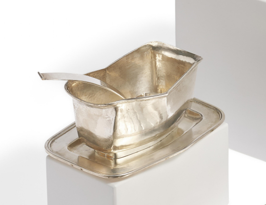 LARGE SILVER SAUCE BOAT ON FIXED STAND WITH SPOON