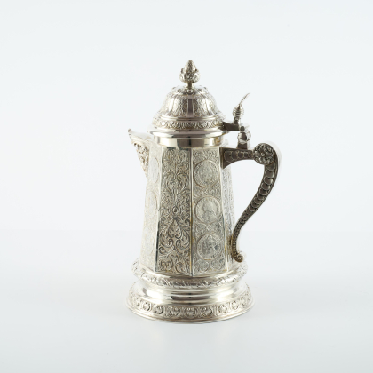 EXCEPTIONALLY LARGE HISTORICIST SILVER COIN JUG