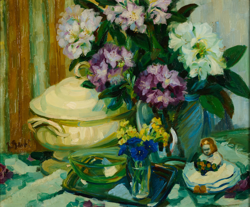 Stillleben mit Rhododendron, Schlüsselblumen und Enzian