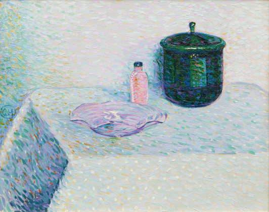 Stillleben mit Schale, Fläschchen und Deckeldose